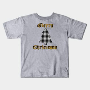 White & Gold Merry Christmas Plaid Kids T-Shirt